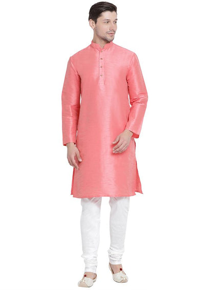 Men's Pink Silk Blend Straight Kurta Pyjama Set