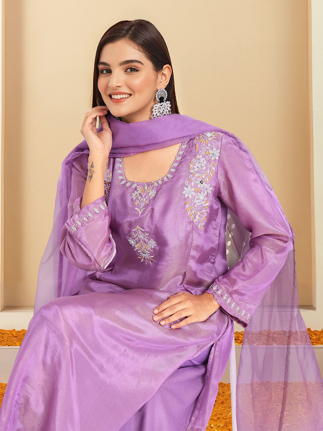 Dhiyona IS Women's Embroidered Thread Work A-Line Kurta with Trousers & Dupatta