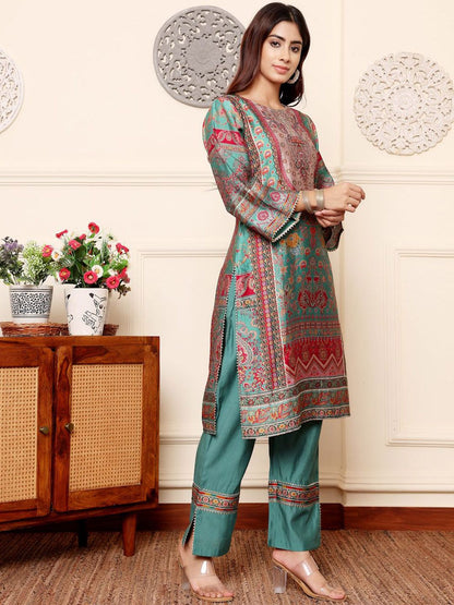 Dhiyona VA Women's Ethnic Motifs Printed Regular Gotta Patti Chanderi Silk Kurta with Trousers