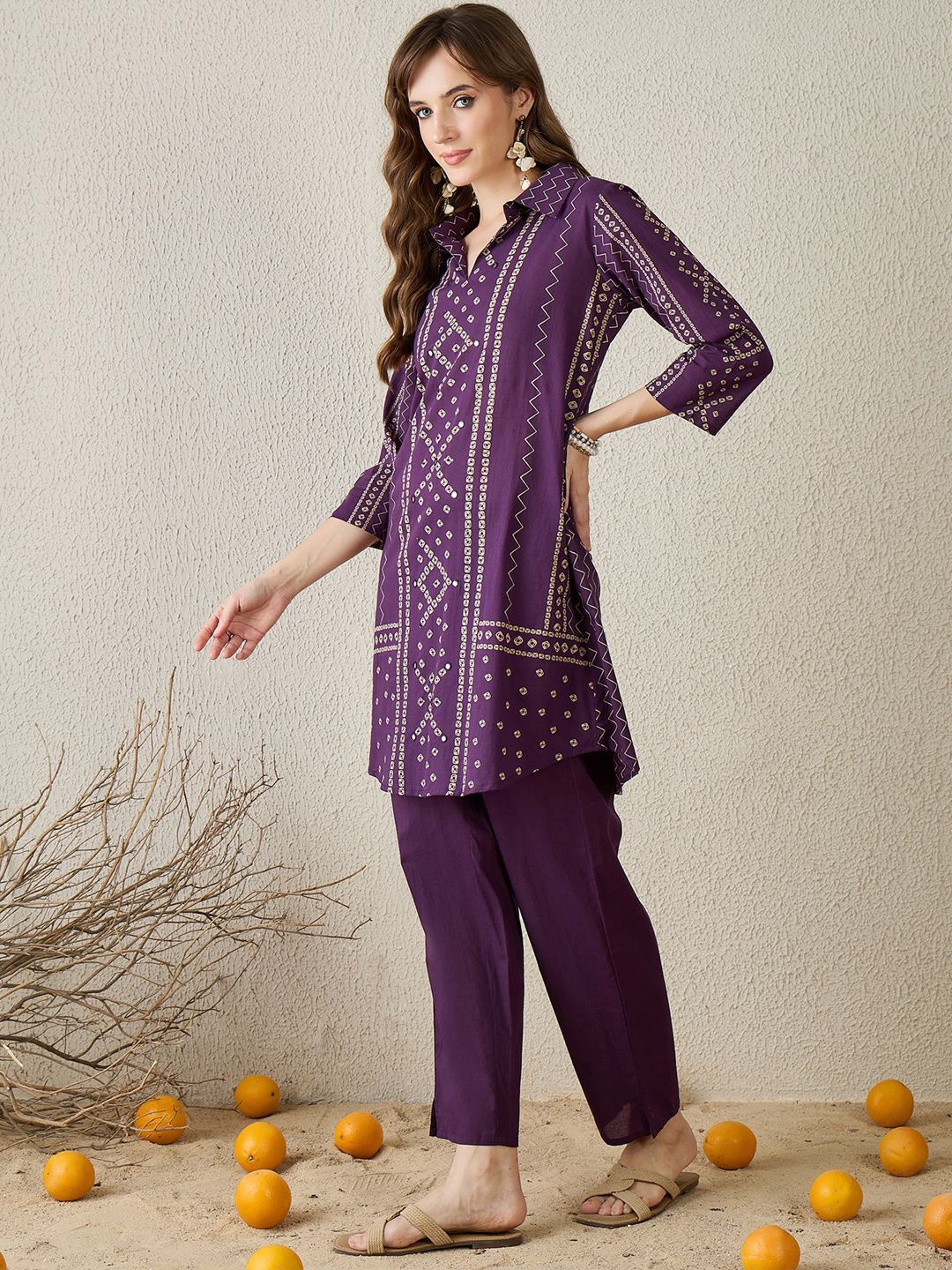 Dhiyona IE Bhandani Printed Pure Cotton Shirt Collar Top With Trousers Co-Ords