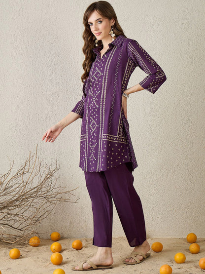 Dhiyona IE Bhandani Printed Pure Cotton Shirt Collar Top With Trousers Co-Ords