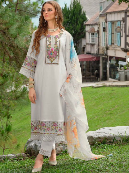 Women Floral Embroidered Regular Thread Work Liva Kurta with Trousers & With Dupatta