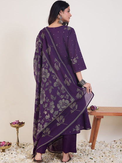 Ethnic Motifs Printed V-Neck Pure Cotton Anarkali Kurta With Trousers & Dupatta