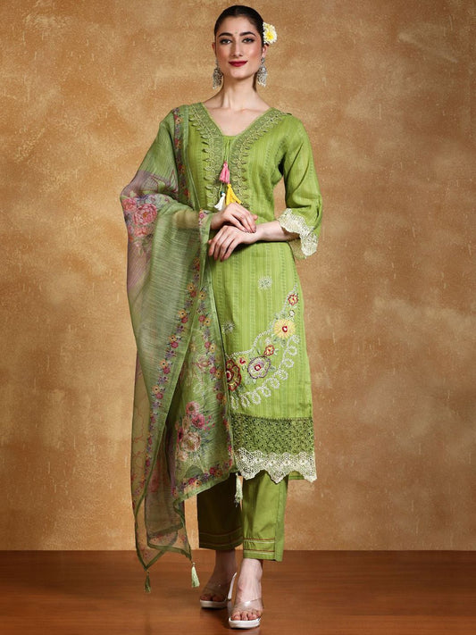 Dhiyona VA Women's Floral Embroidered Thread Work Pure Cotton Kurta with Trousers & Dupatta