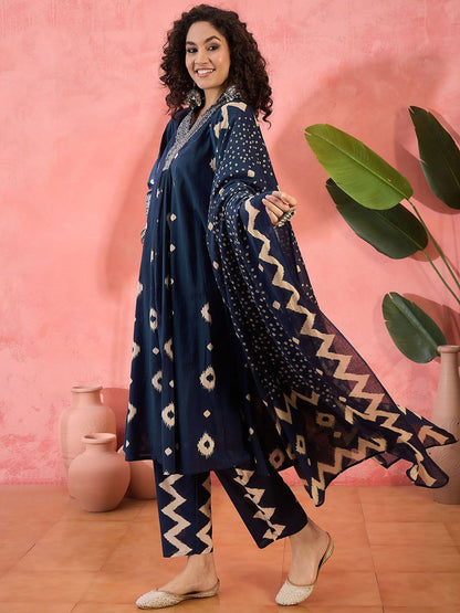 Dhiyona SN Women's Geometric Printed V-Neck Pleated Pure Cotton A-Line Kurta With Trouser And Dupatta