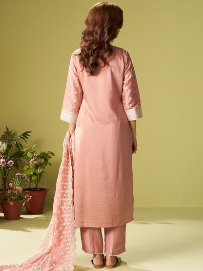 Dhiyona IE Women Ethnic Motifs Embroidered Thread Work Kurta with Trousers & Dupatta