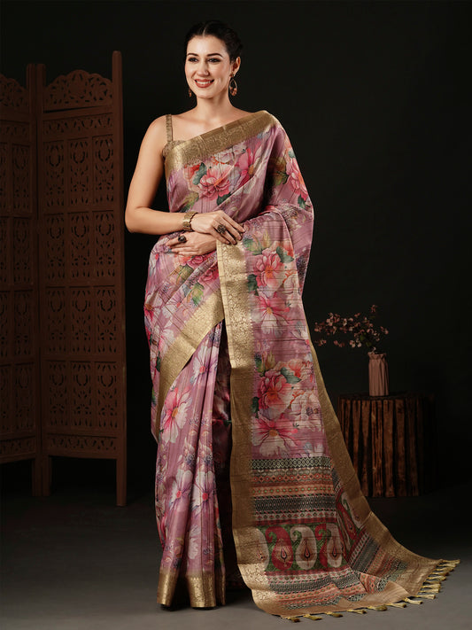 Women's Banarasi Silk Mauve Printed Designer Saree With Blouse Piece