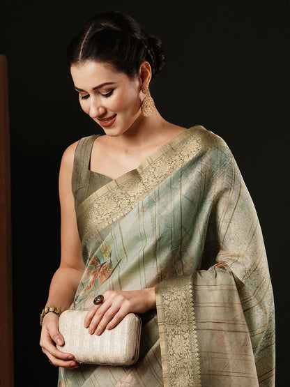 Women's Banarasi Silk Sea Green Printed Designer Saree With Blouse Piece