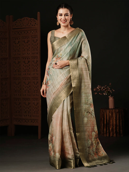 Women's Banarasi Silk Sea Green Printed Designer Saree With Blouse Piece