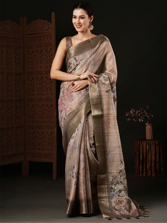 Women's Banarasi Silk Beige Printed Designer Saree With Blouse Piece