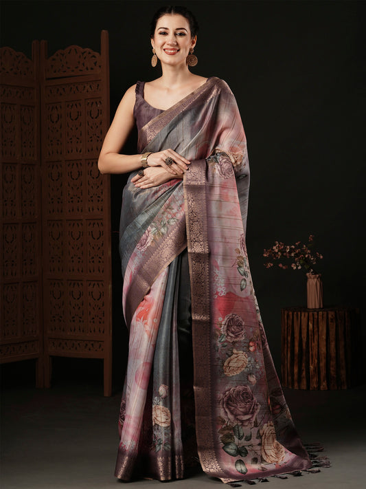 Women's Banarasi Silk Grey Printed Designer Saree With Blouse Piece