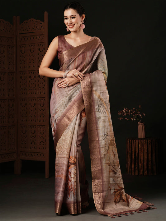 Women's Banarasi Silk Brown Printed Designer Saree With Blouse Piece