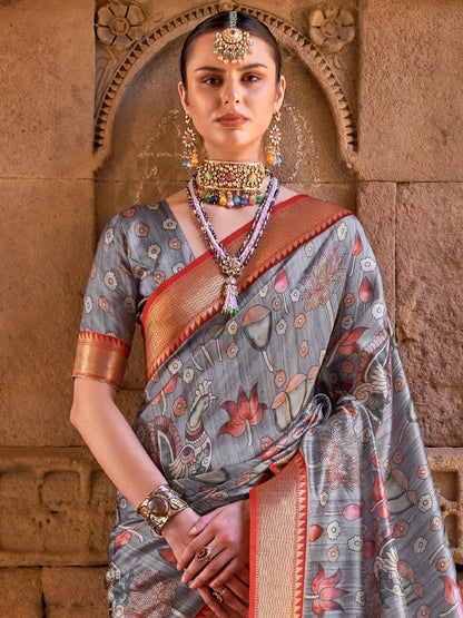 Women's Silk Blend Grey Woven Design Designer Saree With Blouse Piece