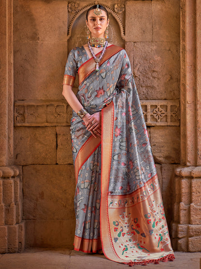 Women's Silk Blend Grey Woven Design Designer Saree With Blouse Piece