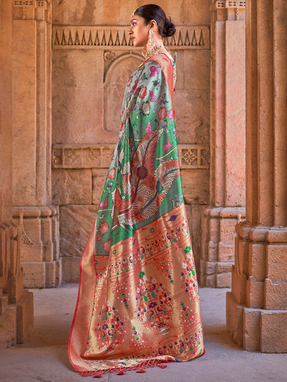 Women's Silk Blend Light Green Woven Design Designer Saree With Blouse Piece