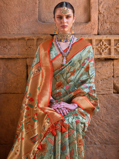 Women's Silk Blend Sea Green Woven Design Designer Saree With Blouse Piece