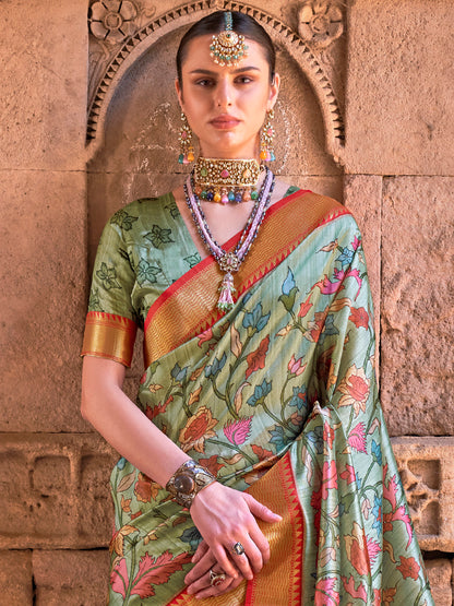 Women's Silk Blend Sea Green Woven Design Designer Saree With Blouse Piece