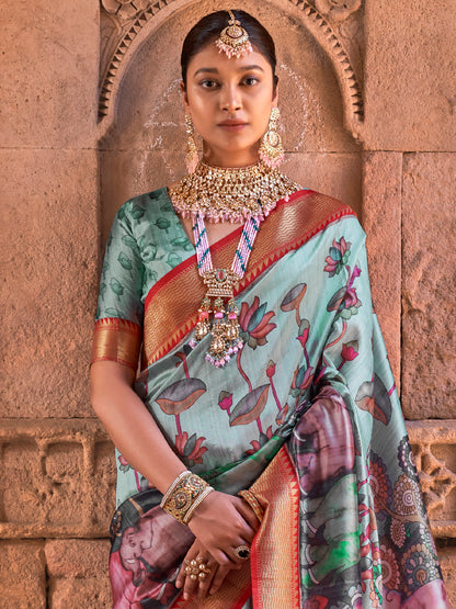 Women's Silk Blend Blue Woven Design Designer Saree With Blouse Piece
