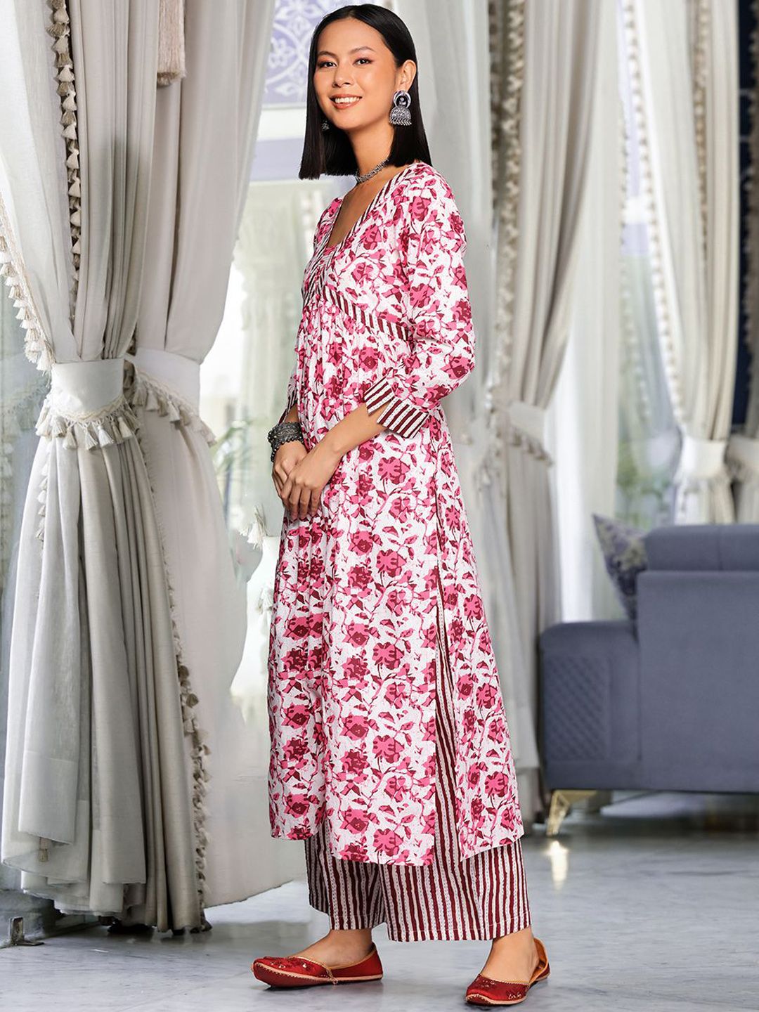Dhiyona VA Women's Printed Pleated Thread Work Pure Cotton Kurta with Palazzos & With Dupatta