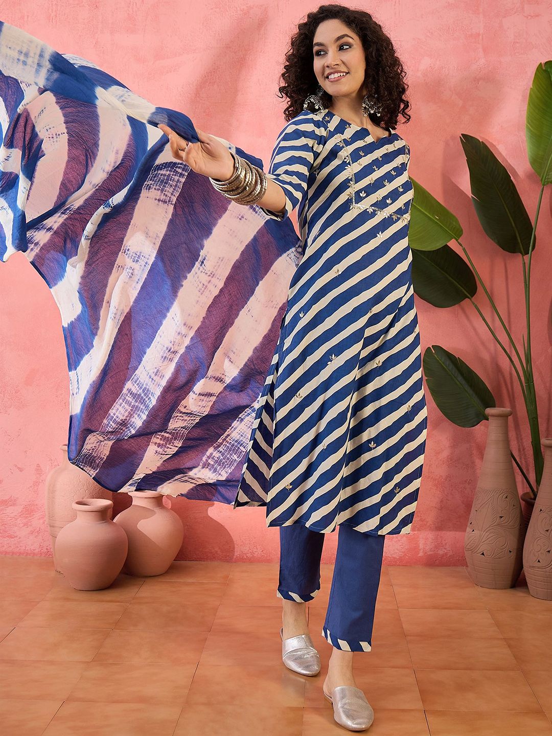 Dhiyona SN Women's Striped Notch Neck Sequinned Pure Cotton Straight Kurta With Trouser & Dupatta