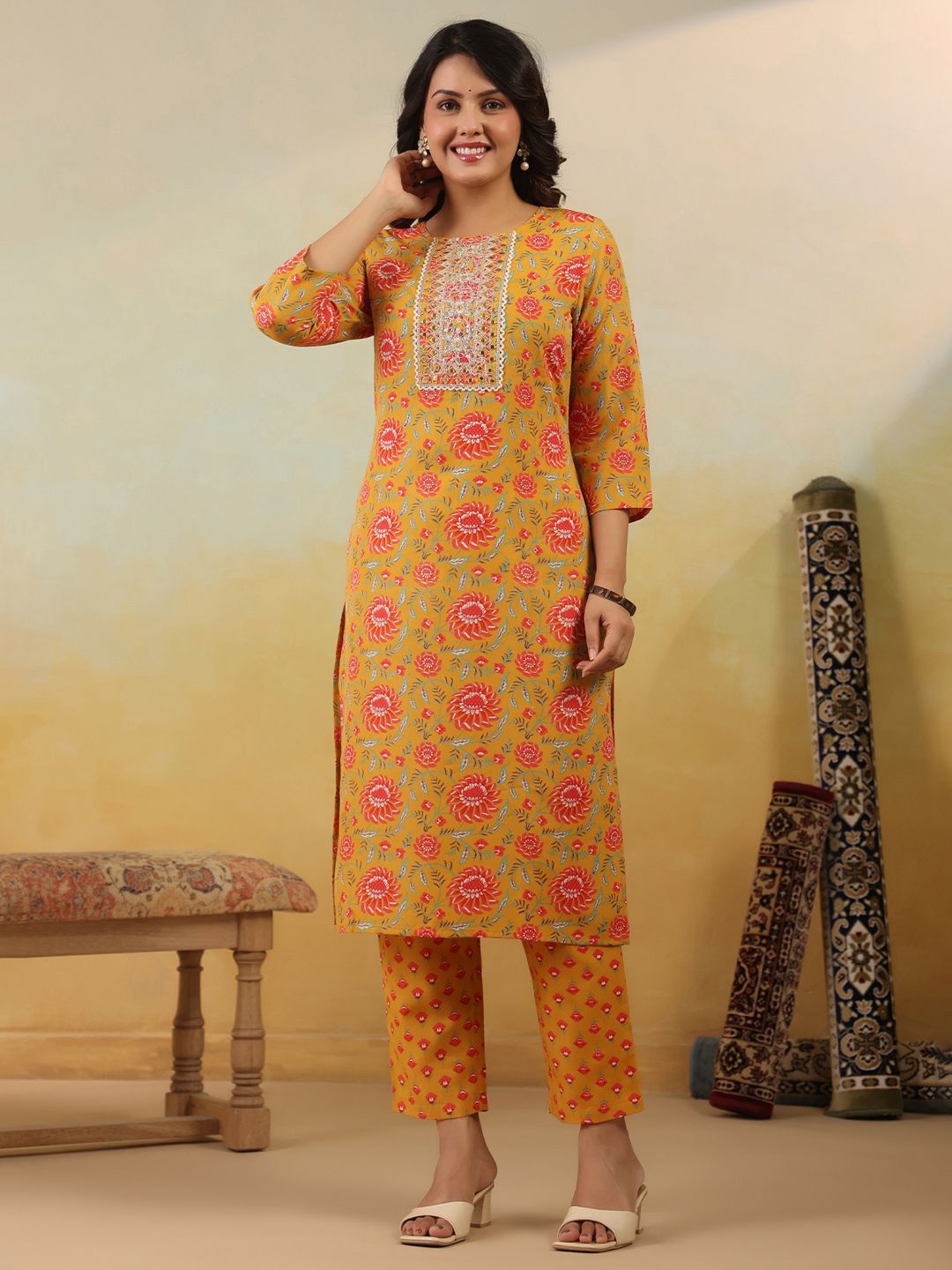 Floral Embroidered Regular Kurta With Trousers & Dupatta