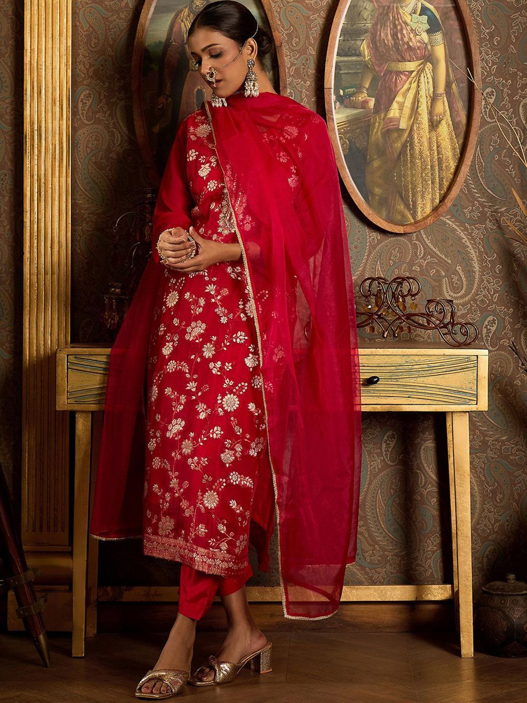 Floral Zari Embroidered Straight Kurta with Trouser & Dupatta