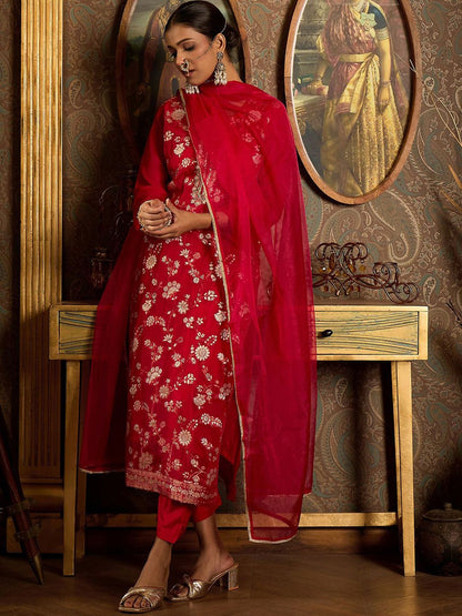 Floral Zari Embroidered Straight Kurta with Trouser & Dupatta