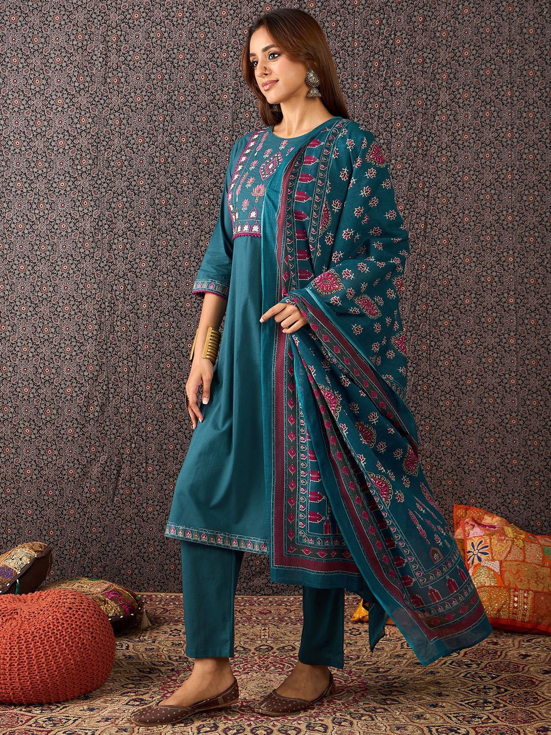 Floral Embroidered Thread Work Pure Cotton Straight Kurta With Trouser & Dupatta