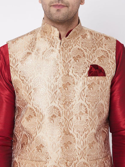 Men's Maroon Silk Blend Straight Jacket  Kurta and Dhoti Set