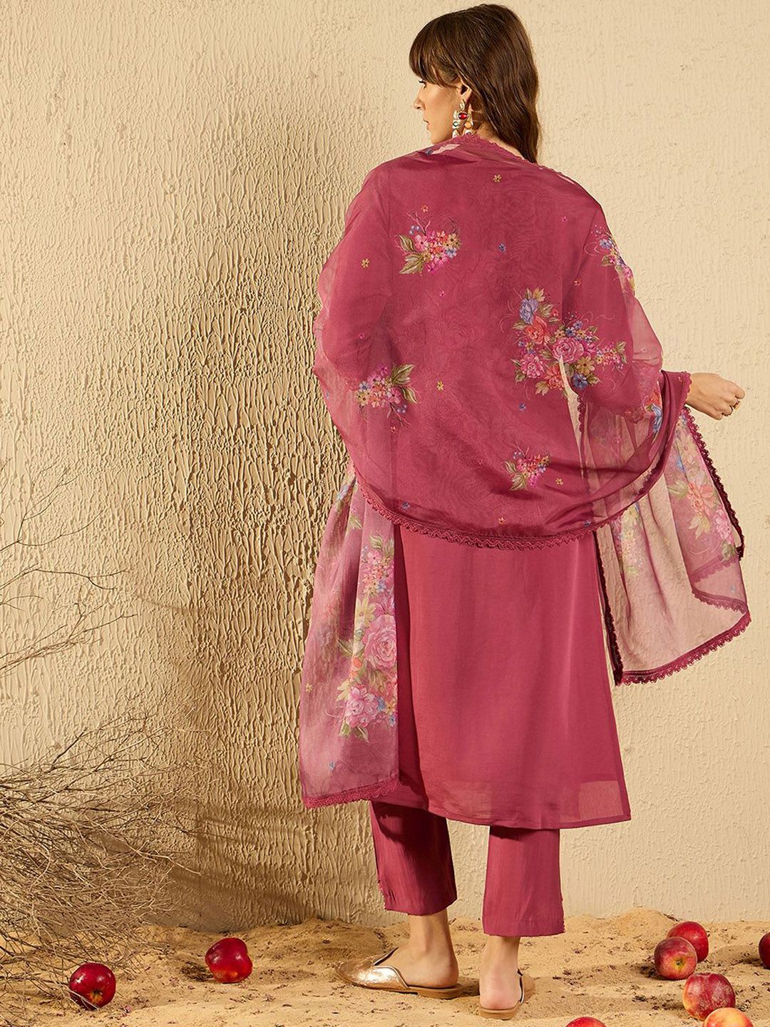 Women Floral Yoke Design Regular Thread Work Kurta with Trousers & With Dupatta