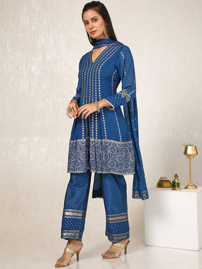 Dhiyona SO Women's Ethnic Motifs Embroidered Pleated Sequinned Anarkali Kurta with Trousers & Dupatta