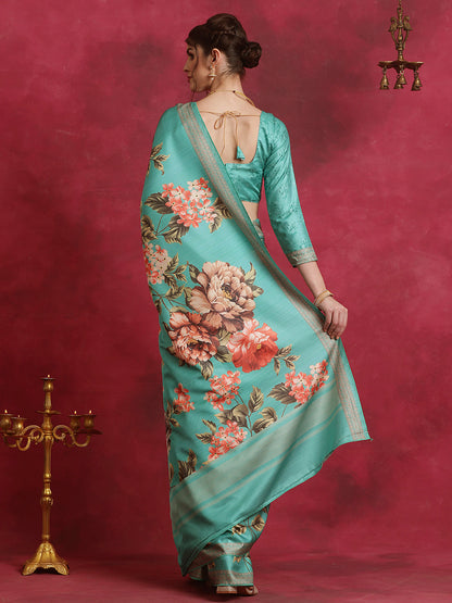 Women's Cotton Blend Blue Printed Designer Saree With Blouse Piece