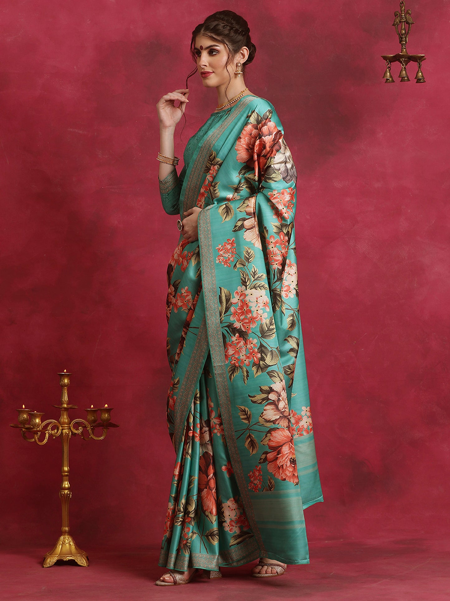 Women's Cotton Blend Blue Printed Designer Saree With Blouse Piece