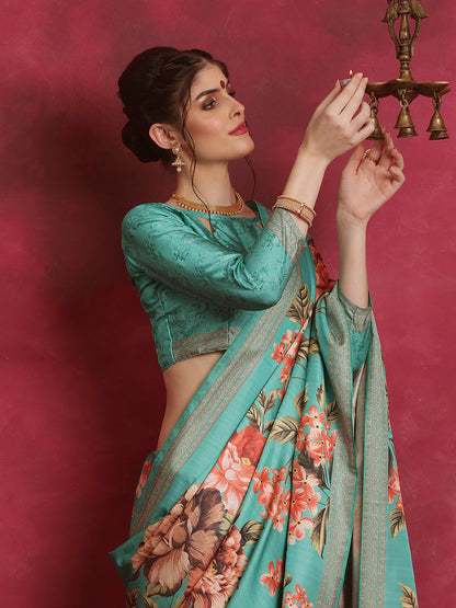 Women's Cotton Blend Blue Printed Designer Saree With Blouse Piece