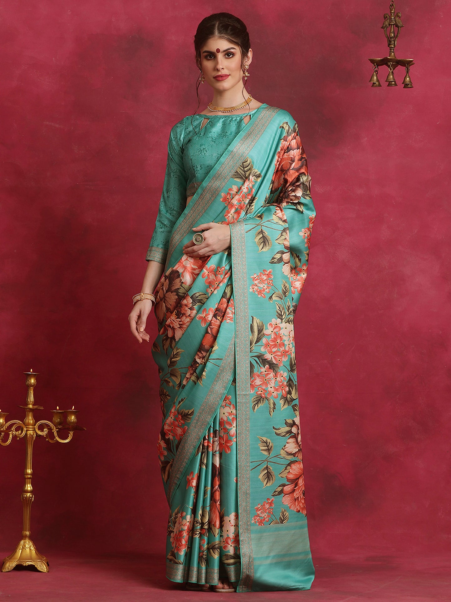 Women's Cotton Blend Blue Printed Designer Saree With Blouse Piece