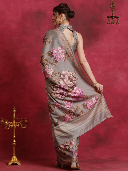 Women's Cotton Blend Grey Printed Designer Saree With Blouse Piece