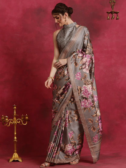 Women's Cotton Blend Grey Printed Designer Saree With Blouse Piece