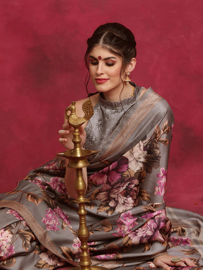 Women's Cotton Blend Grey Printed Designer Saree With Blouse Piece