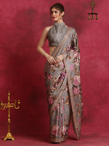 Women's Cotton Blend Grey Printed Designer Saree With Blouse Piece