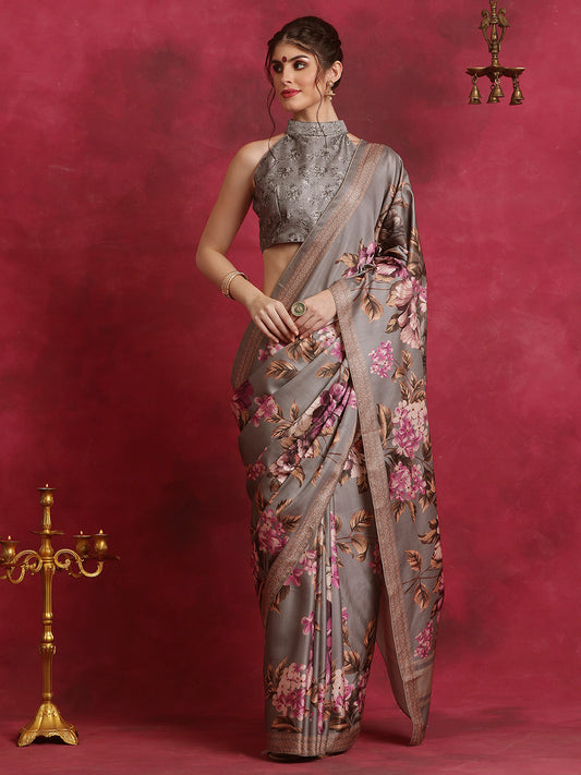 Women's Cotton Blend Grey Printed Designer Saree With Blouse Piece