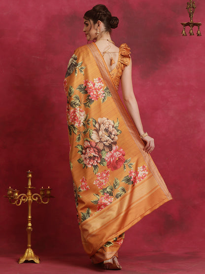 Women's Cotton Blend Mustard Printed Designer Saree With Blouse Piece