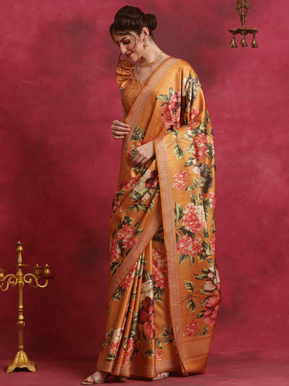 Women's Cotton Blend Mustard Printed Designer Saree With Blouse Piece