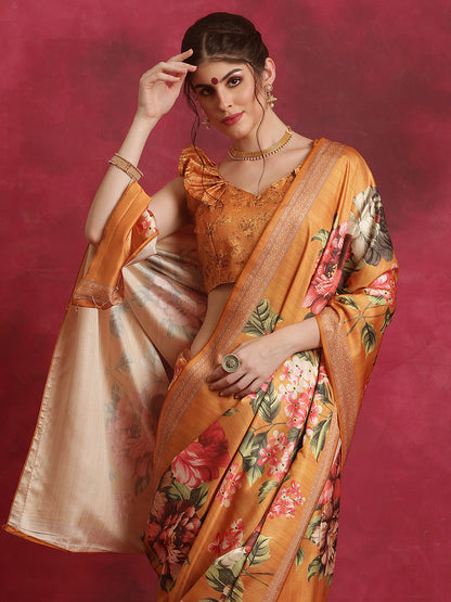 Women's Cotton Blend Mustard Printed Designer Saree With Blouse Piece