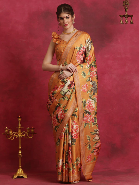 Women's Cotton Blend Mustard Printed Designer Saree With Blouse Piece