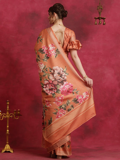 Women's Cotton Blend Orange Printed Designer Saree With Blouse Piece