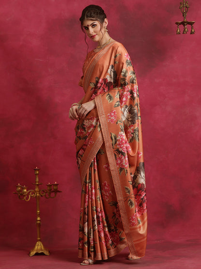 Women's Cotton Blend Orange Printed Designer Saree With Blouse Piece