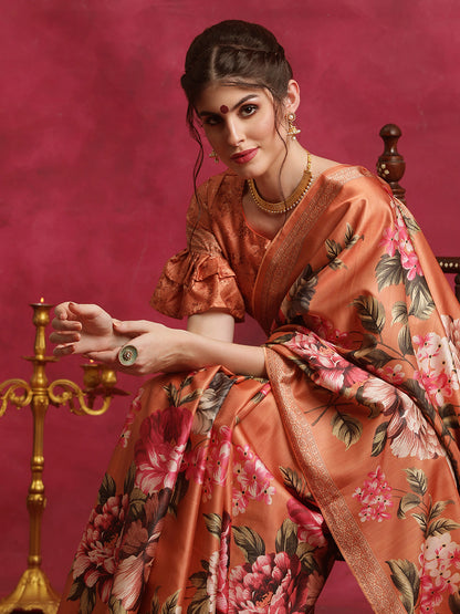 Women's Cotton Blend Orange Printed Designer Saree With Blouse Piece