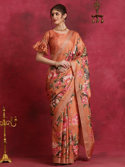 Women's Cotton Blend Orange Printed Designer Saree With Blouse Piece