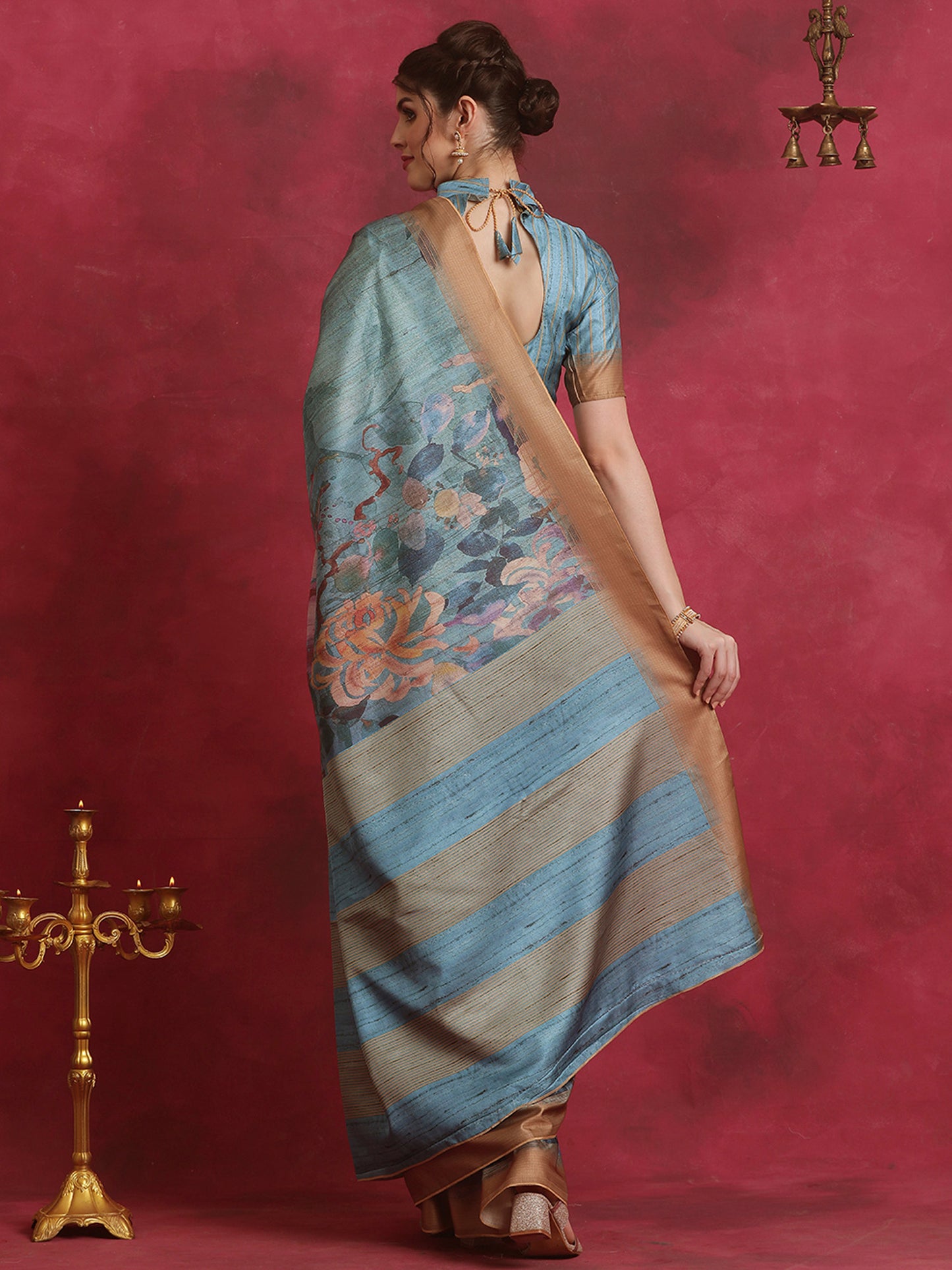 Women's Cotton Blend Blue Printed Designer Saree With Blouse Piece