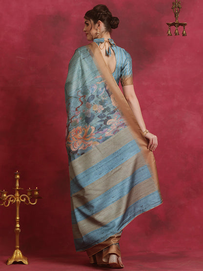 Women's Cotton Blend Blue Printed Designer Saree With Blouse Piece